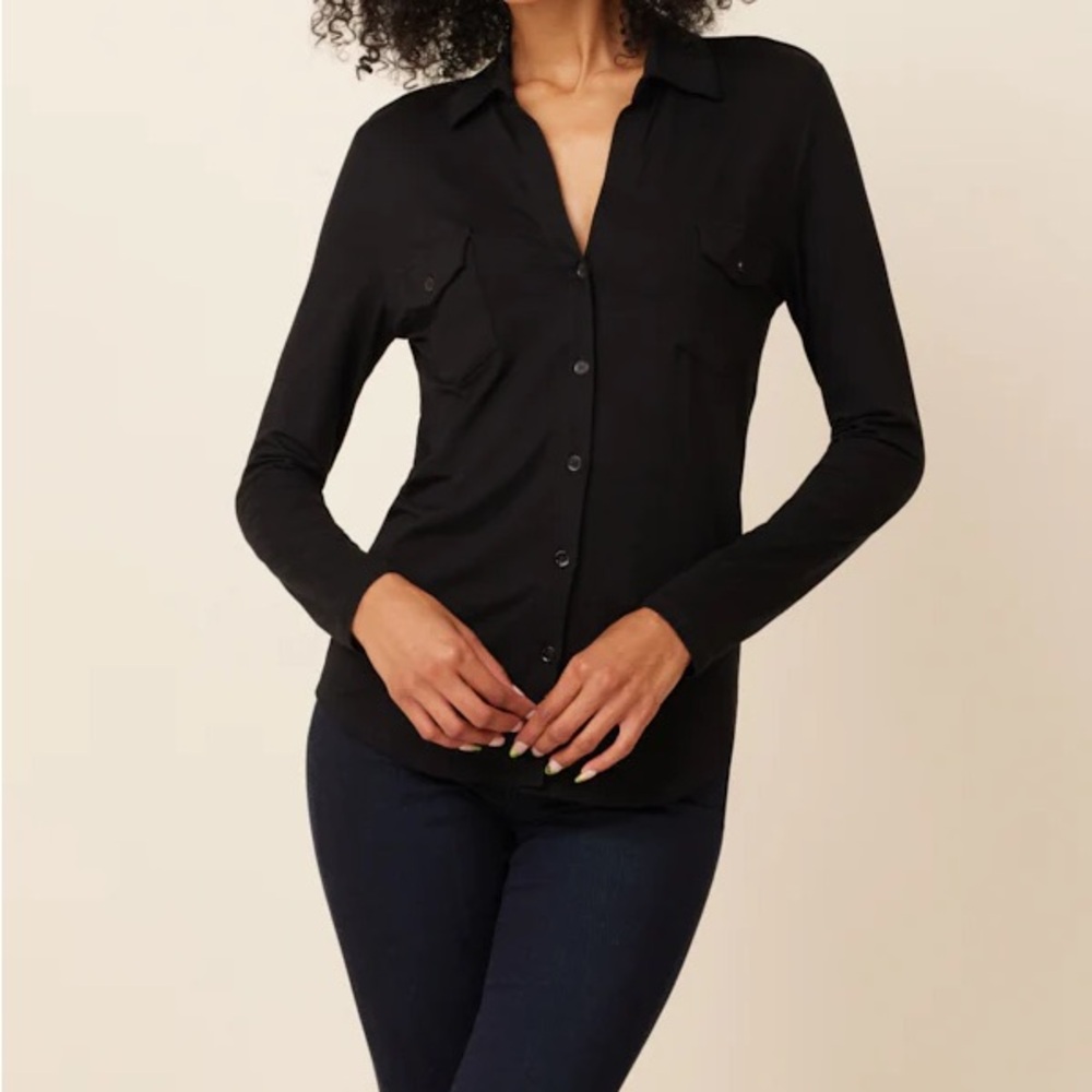 MAJESTIC SOFT TOUCH LONG SLEEVE BUTTON FRONT POCKET SHIRT IN NOIR/BLACK NWT